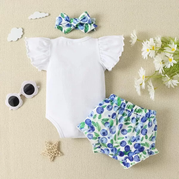 IDOPIP Newborn Baby Girls Clothes Ruffles Sleeve Romper  Fruit Floral Bottoms Shorts  Headband 3PCS Summer Birthday OutfitsBlue Blueberry