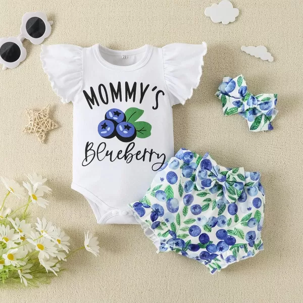 IDOPIP Newborn Baby Girls Clothes Ruffles Sleeve Romper  Fruit Floral Bottoms Shorts  Headband 3PCS Summer Birthday OutfitsBlue Blueberry