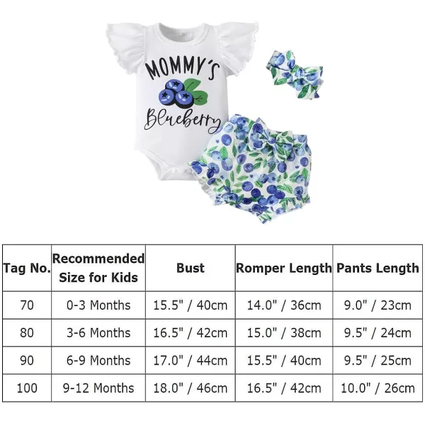 IDOPIP Newborn Baby Girls Clothes Ruffles Sleeve Romper  Fruit Floral Bottoms Shorts  Headband 3PCS Summer Birthday OutfitsBlue Blueberry