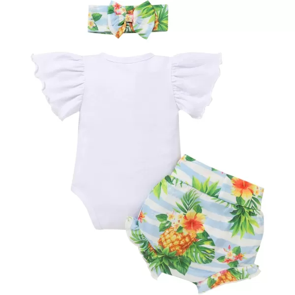 IDOPIP Newborn Baby Girls Clothes Ruffles Sleeve Romper  Fruit Floral Bottoms Shorts  Headband 3PCS Summer Birthday OutfitsGreen Pineapple