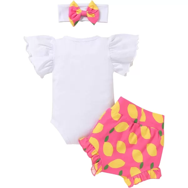 IDOPIP Newborn Baby Girls Clothes Ruffles Sleeve Romper  Fruit Floral Bottoms Shorts  Headband 3PCS Summer Birthday OutfitsHot Pink Lemon