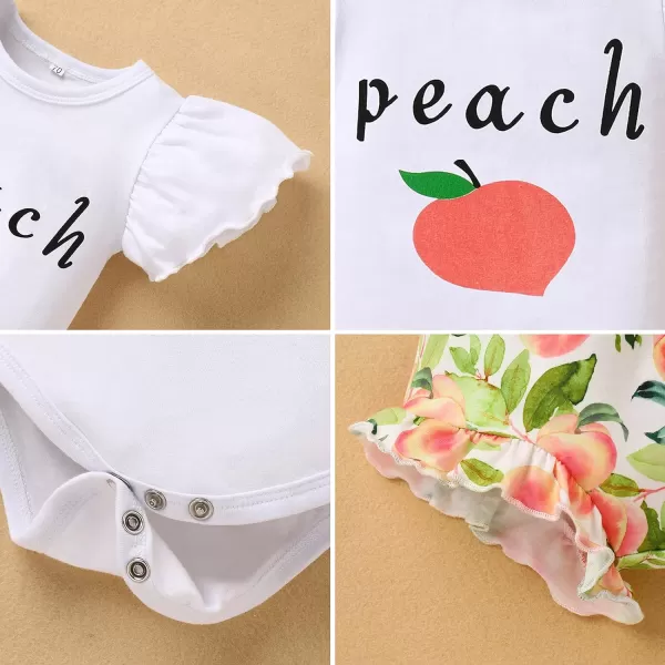 IDOPIP Newborn Baby Girls Clothes Ruffles Sleeve Romper  Fruit Floral Bottoms Shorts  Headband 3PCS Summer Birthday OutfitsPeach