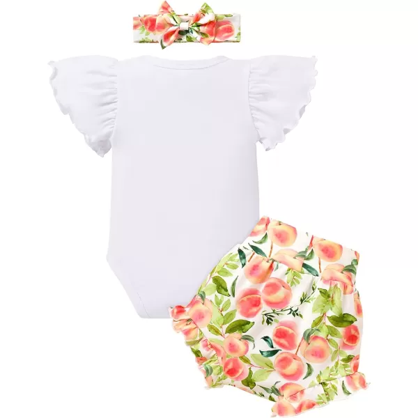 IDOPIP Newborn Baby Girls Clothes Ruffles Sleeve Romper  Fruit Floral Bottoms Shorts  Headband 3PCS Summer Birthday OutfitsPeach