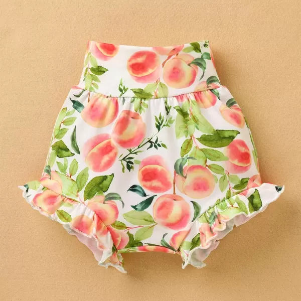 IDOPIP Newborn Baby Girls Clothes Ruffles Sleeve Romper  Fruit Floral Bottoms Shorts  Headband 3PCS Summer Birthday OutfitsPeach