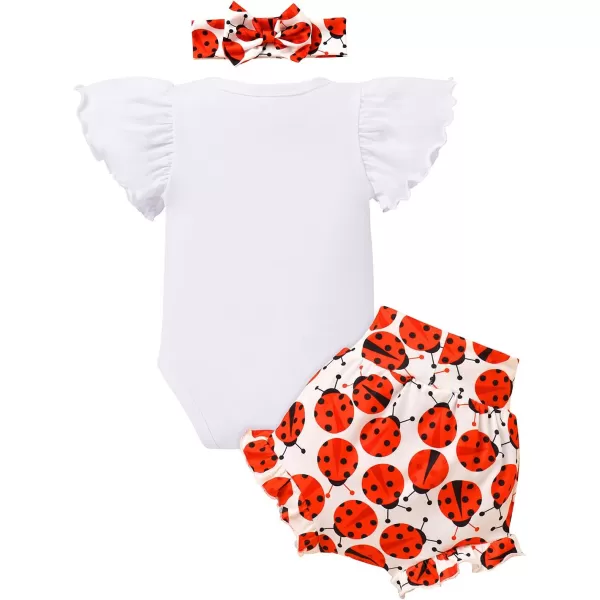 IDOPIP Newborn Baby Girls Clothes Ruffles Sleeve Romper  Fruit Floral Bottoms Shorts  Headband 3PCS Summer Birthday OutfitsRed Ladybug