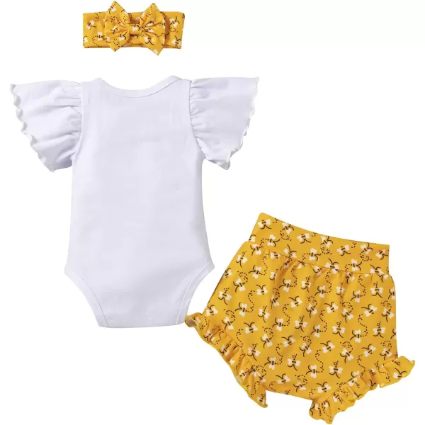 IDOPIP Newborn Baby Girls Clothes Ruffles Sleeve Romper  Fruit Floral Bottoms Shorts  Headband 3PCS Summer Birthday OutfitsYellow Bee