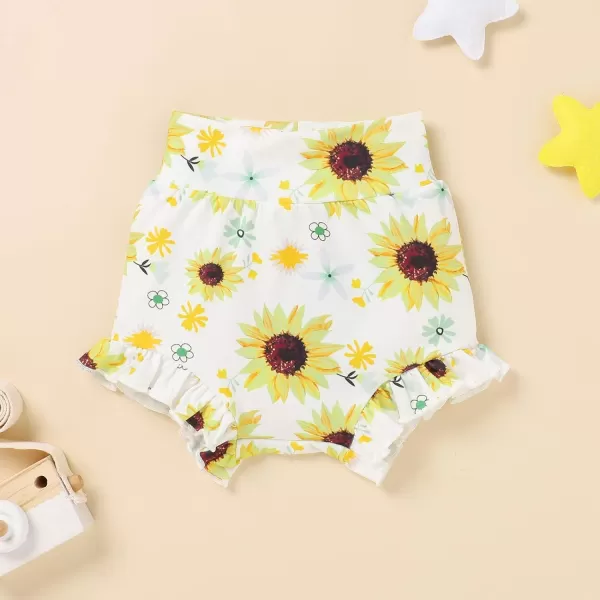 IDOPIP Newborn Baby Girls Clothes Ruffles Sleeve Romper  Fruit Floral Bottoms Shorts  Headband 3PCS Summer Birthday OutfitsYellow Sunflower