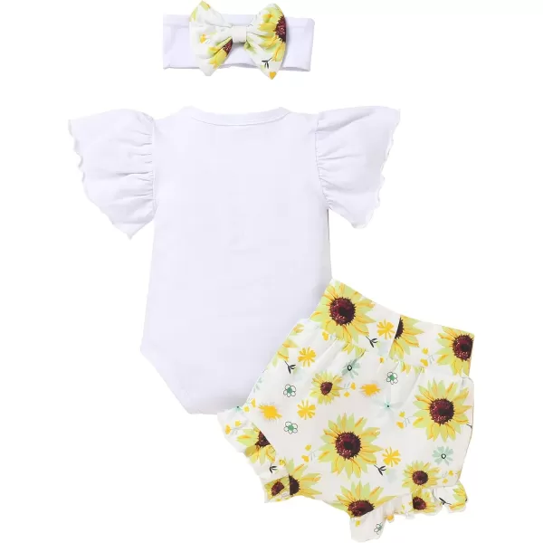 IDOPIP Newborn Baby Girls Clothes Ruffles Sleeve Romper  Fruit Floral Bottoms Shorts  Headband 3PCS Summer Birthday OutfitsYellow Sunflower