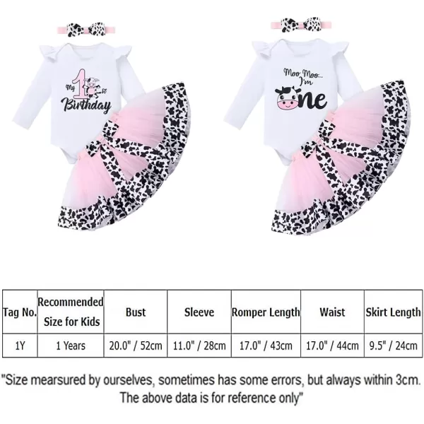 IDOPIP Pink Cow 1st Birthday Outfit for Baby Girls Cake Smash Long Sleeve Romper Tutu Skirt Headband Bowknot Dress up CostumePink  One