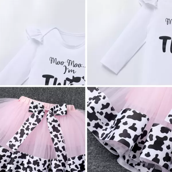 IDOPIP Pink Cow 1st Birthday Outfit for Baby Girls Cake Smash Long Sleeve Romper Tutu Skirt Headband Bowknot Dress up CostumePink  Two