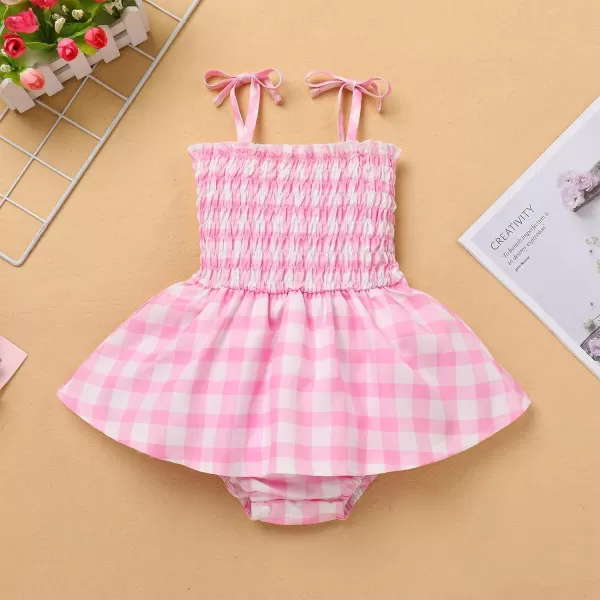 IDOPIP Pink Plaid Dress for Baby Girl Toddler Summer Sleeveless Princess Birthday Party Gingham Dress Sister Matching ClothesPink Romper