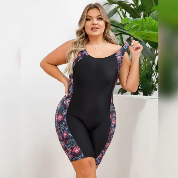 IDOPIP Plus Size One Piece Swimsuit for Women Tummy Control Bathing Suit Sun Protection UPF 50 Rash Guard Surfing SwimwearBlack  Firework