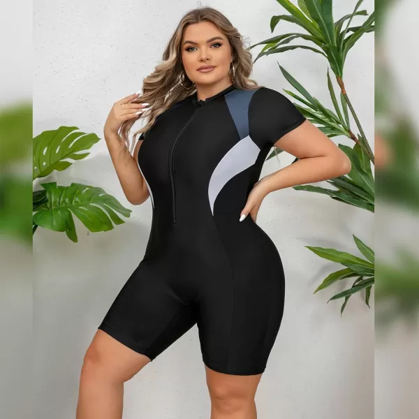 IDOPIP Plus Size One Piece Swimsuit for Women Tummy Control Bathing Suit Sun Protection UPF 50 Rash Guard Surfing SwimwearBlack  Gray