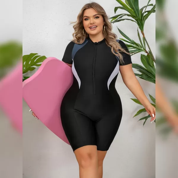 IDOPIP Plus Size One Piece Swimsuit for Women Tummy Control Bathing Suit Sun Protection UPF 50 Rash Guard Surfing SwimwearBlack  Gray