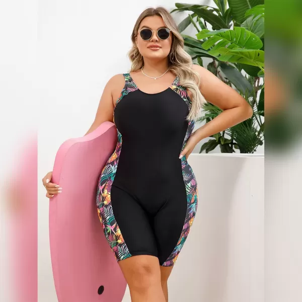 IDOPIP Plus Size One Piece Swimsuit for Women Tummy Control Bathing Suit Sun Protection UPF 50 Rash Guard Surfing SwimwearBlack  Leaves