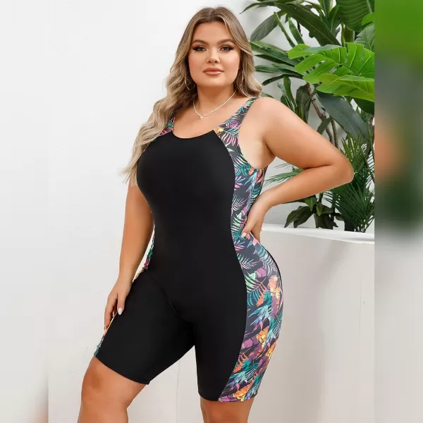 IDOPIP Plus Size One Piece Swimsuit for Women Tummy Control Bathing Suit Sun Protection UPF 50 Rash Guard Surfing SwimwearBlack  Leaves