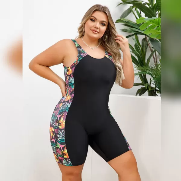 IDOPIP Plus Size One Piece Swimsuit for Women Tummy Control Bathing Suit Sun Protection UPF 50 Rash Guard Surfing SwimwearBlack  Leaves