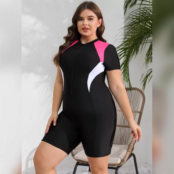 IDOPIP Plus Size One Piece Swimsuit for Women Tummy Control Bathing Suit Sun Protection UPF 50 Rash Guard Surfing SwimwearBlack  Pink