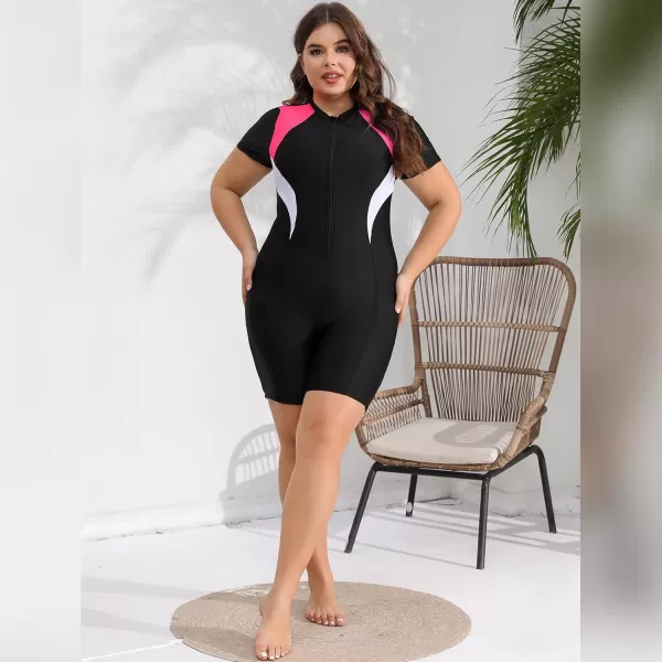 IDOPIP Plus Size One Piece Swimsuit for Women Tummy Control Bathing Suit Sun Protection UPF 50 Rash Guard Surfing SwimwearBlack  Pink