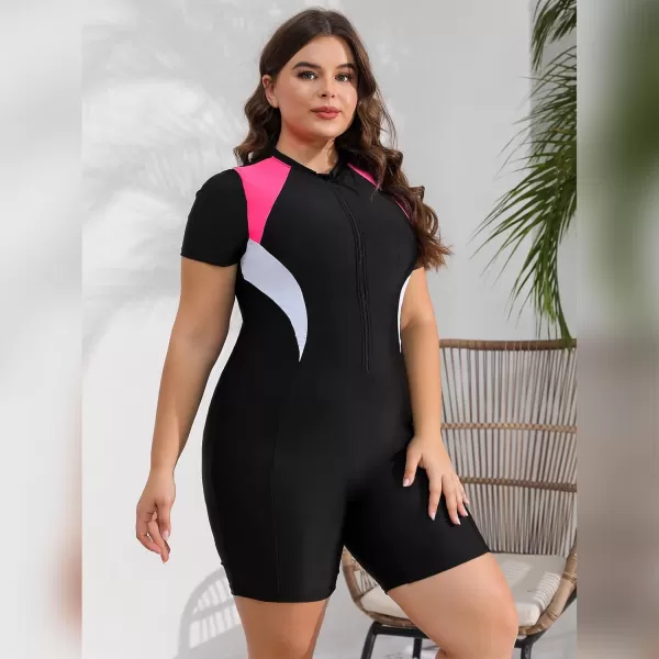 IDOPIP Plus Size One Piece Swimsuit for Women Tummy Control Bathing Suit Sun Protection UPF 50 Rash Guard Surfing SwimwearBlack  Pink