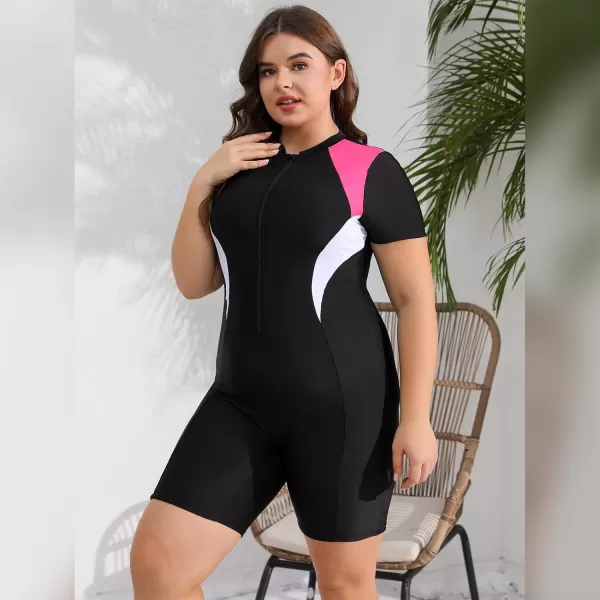 IDOPIP Plus Size One Piece Swimsuit for Women Tummy Control Bathing Suit Sun Protection UPF 50 Rash Guard Surfing SwimwearBlack  Pink