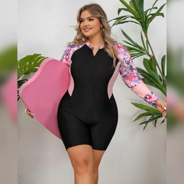 IDOPIP Plus Size One Piece Swimsuit for Women Tummy Control Bathing Suit Sun Protection UPF 50 Rash Guard Surfing SwimwearBlack  Pink Floral