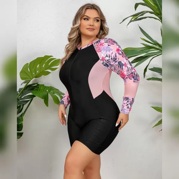 IDOPIP Plus Size One Piece Swimsuit for Women Tummy Control Bathing Suit Sun Protection UPF 50 Rash Guard Surfing SwimwearBlack  Pink Floral