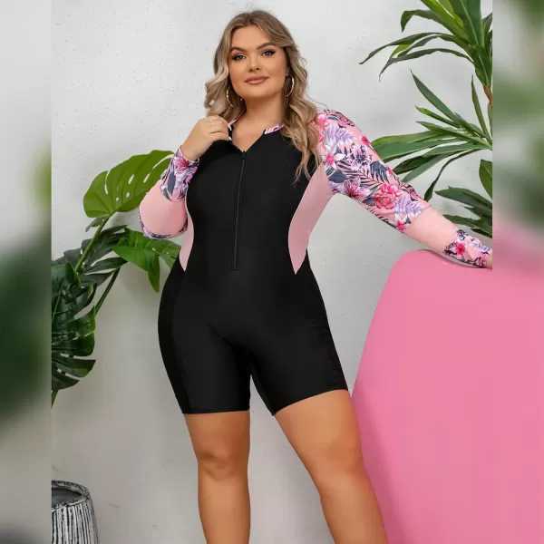 IDOPIP Plus Size One Piece Swimsuit for Women Tummy Control Bathing Suit Sun Protection UPF 50 Rash Guard Surfing SwimwearBlack  Pink Floral