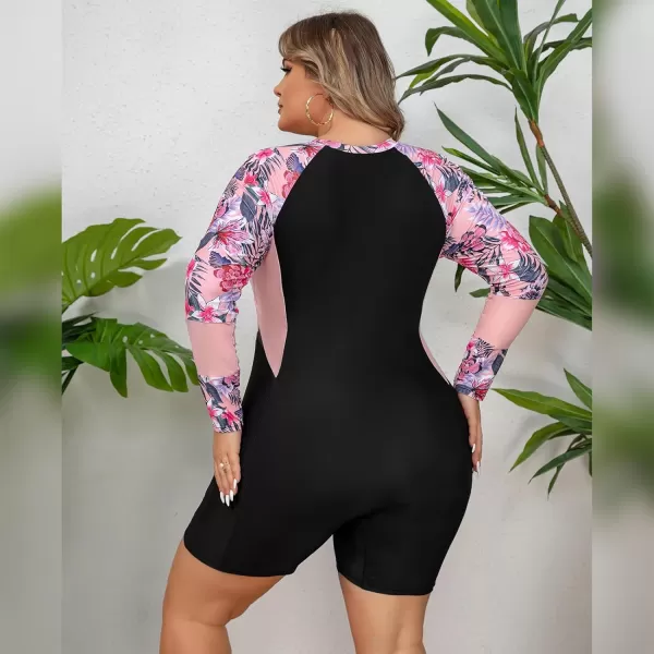 IDOPIP Plus Size One Piece Swimsuit for Women Tummy Control Bathing Suit Sun Protection UPF 50 Rash Guard Surfing SwimwearBlack  Pink Floral