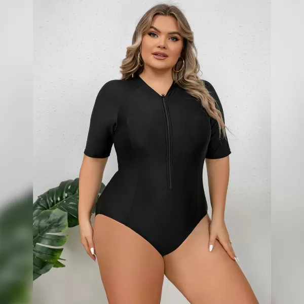 IDOPIP Plus Size One Piece Swimsuit for Women Tummy Control Bathing Suit Sun Protection UPF 50 Rash Guard Surfing SwimwearBlack  Short Sleeve