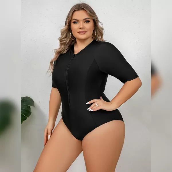 IDOPIP Plus Size One Piece Swimsuit for Women Tummy Control Bathing Suit Sun Protection UPF 50 Rash Guard Surfing SwimwearBlack  Short Sleeve