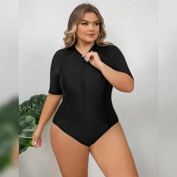 IDOPIP Plus Size One Piece Swimsuit for Women Tummy Control Bathing Suit Sun Protection UPF 50 Rash Guard Surfing SwimwearBlack  Short Sleeve