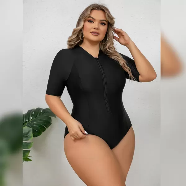 IDOPIP Plus Size One Piece Swimsuit for Women Tummy Control Bathing Suit Sun Protection UPF 50 Rash Guard Surfing SwimwearBlack  Short Sleeve