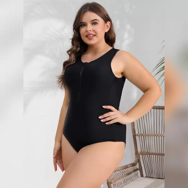 IDOPIP Plus Size One Piece Swimsuit for Women Tummy Control Bathing Suit Sun Protection UPF 50 Rash Guard Surfing SwimwearBlack  Sleeveless