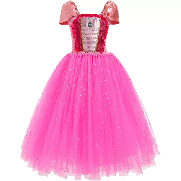 IDOPIP Princess Peach Costume for Girls Kids Halloween Birthday Party Dress up Cosplay Outfit with Accessories Crown WandDark Pink