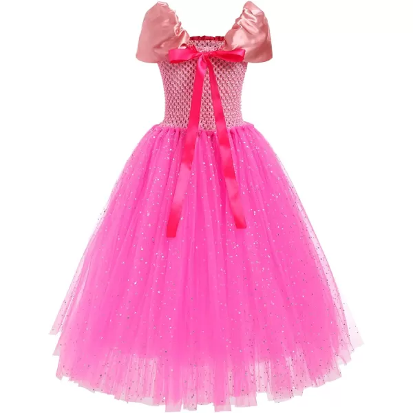 IDOPIP Princess Peach Costume for Girls Kids Halloween Birthday Party Dress up Cosplay Outfit with Accessories Crown WandDark Pink