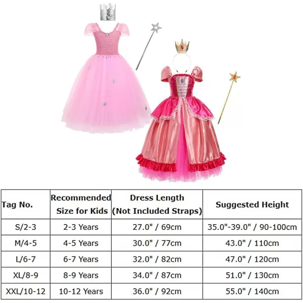 IDOPIP Princess Peach Costume for Girls Kids Halloween Birthday Party Dress up Cosplay Outfit with Accessories Crown WandDark Pink