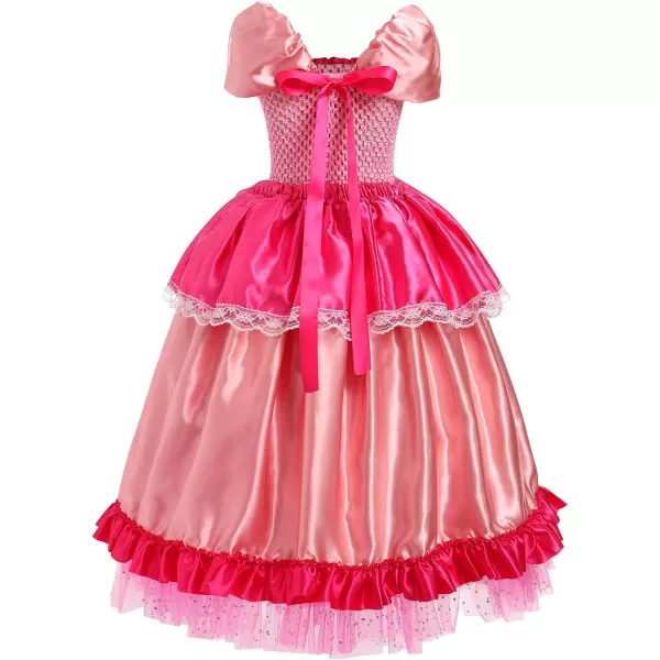 IDOPIP Princess Peach Costume for Girls Kids Halloween Birthday Party Dress up Cosplay Outfit with Accessories Crown WandDark Pink