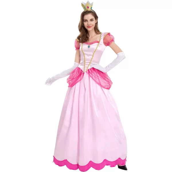 IDOPIP Princess Peach Costume with Crown and Gloves for Adult Women Halloween Birthday Party Dress up Fancy Cosplay OutfitPink