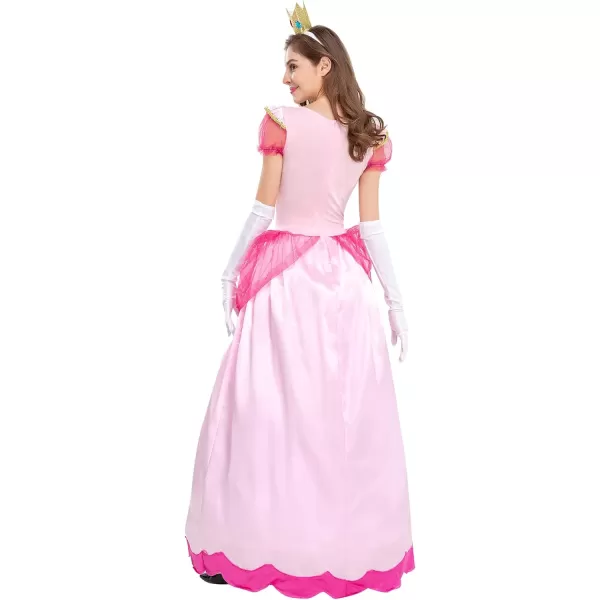 IDOPIP Princess Peach Costume with Crown and Gloves for Adult Women Halloween Birthday Party Dress up Fancy Cosplay OutfitPink