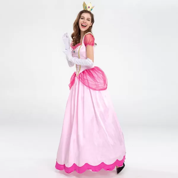 IDOPIP Princess Peach Costume with Crown and Gloves for Adult Women Halloween Birthday Party Dress up Fancy Cosplay OutfitPink