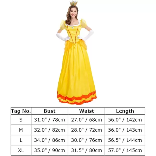 IDOPIP Princess Peach Costume with Crown and Gloves for Adult Women Halloween Birthday Party Dress up Fancy Cosplay OutfitYellow