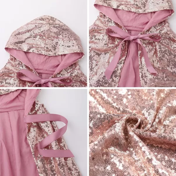 IDOPIP Princess Sequin Hooded Cape Cloaks for Little Girls Halloween Costume Cosplay Party Dress up with Crown  Fairy WandRose Gold