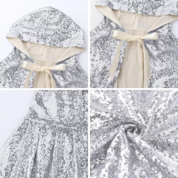 IDOPIP Princess Sequin Hooded Cape Cloaks for Little Girls Halloween Costume Cosplay Party Dress up with Crown  Fairy WandSilver