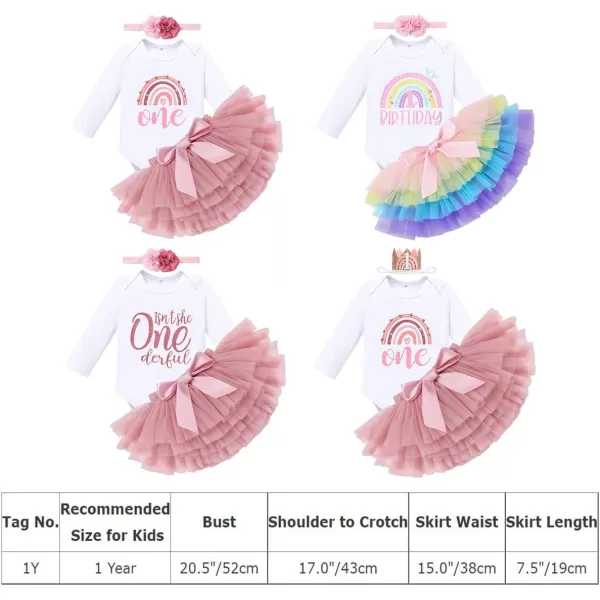 IDOPIP Rainbow 1st Birthday Outfit for Baby Girls Romper Tutu Skirt Tulle Bloomers Headband First Birthday Cake Smash OutfitsDusty Pink One  Long Sleeve