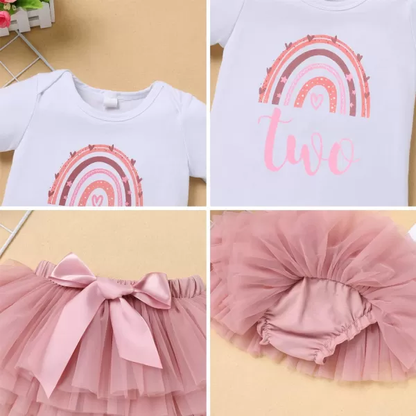 IDOPIP Rainbow 1st Birthday Outfit for Baby Girls Romper Tutu Skirt Tulle Bloomers Headband First Birthday Cake Smash OutfitsDusty Pink Two  Crown