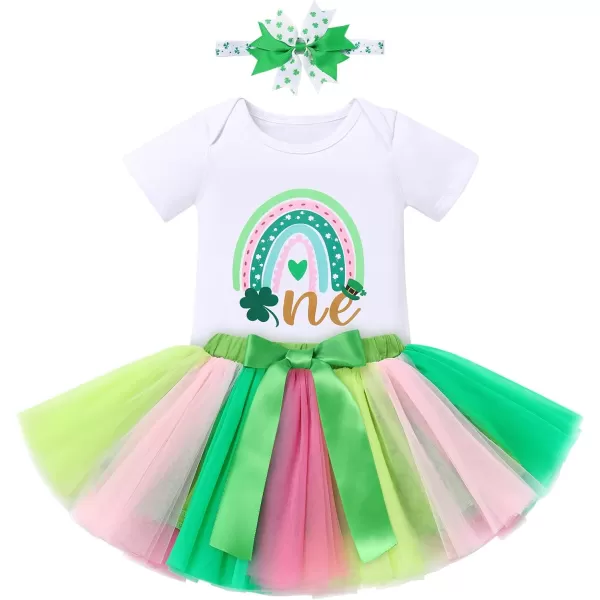 IDOPIP Rainbow 1st Birthday Outfit for Baby Girls Romper Tutu Skirt Tulle Bloomers Headband First Birthday Cake Smash OutfitsGreen  Rainbow One