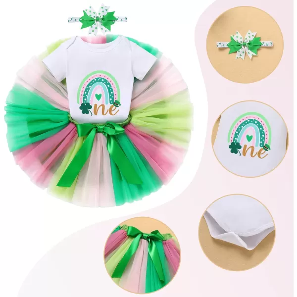 IDOPIP Rainbow 1st Birthday Outfit for Baby Girls Romper Tutu Skirt Tulle Bloomers Headband First Birthday Cake Smash OutfitsGreen  Rainbow One