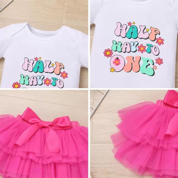 IDOPIP Rainbow 1st Birthday Outfit for Baby Girls Romper Tutu Skirt Tulle Bloomers Headband First Birthday Cake Smash OutfitsHot Pink  Half Way to One