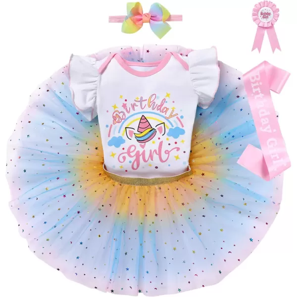 IDOPIP Rainbow Unicorn 1st 2nd 3rd Birthday Girl Outfit Baby Romper Tutu Skirt Headband Sash Badge 5PCS Cake Smash ClothesBlue  Pink  Unicorn